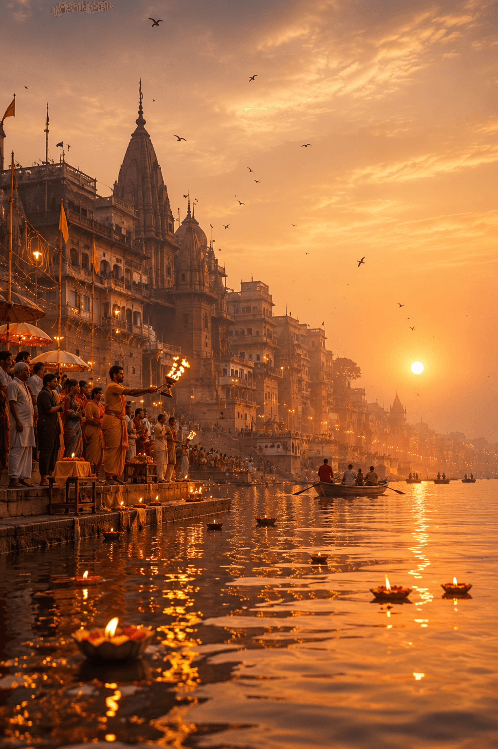 Sunset aarti on the Ganges at Varanasi ghats — boats, lamps on the water, and historic riverfront architecture
